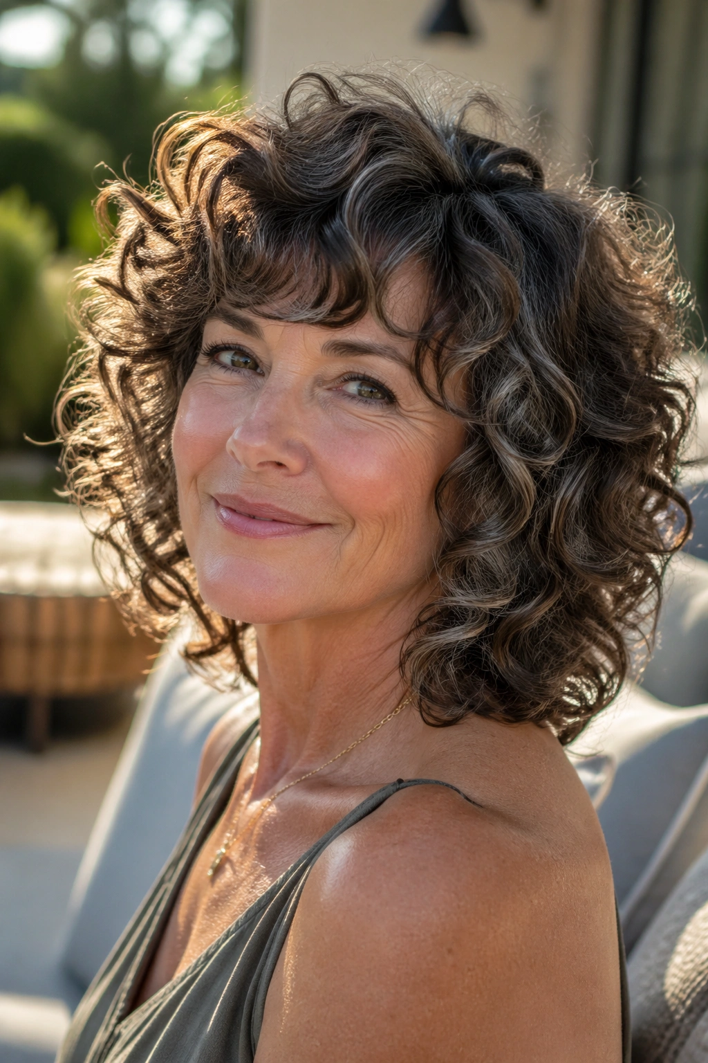 Portrait of a real woman with bouncy curly shag outdoors in bright sunlight