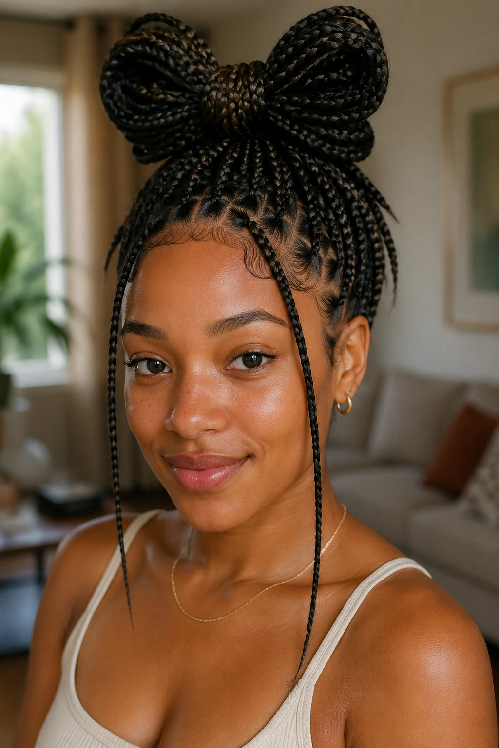 Front-side portrait of real woman wearing a bow bun