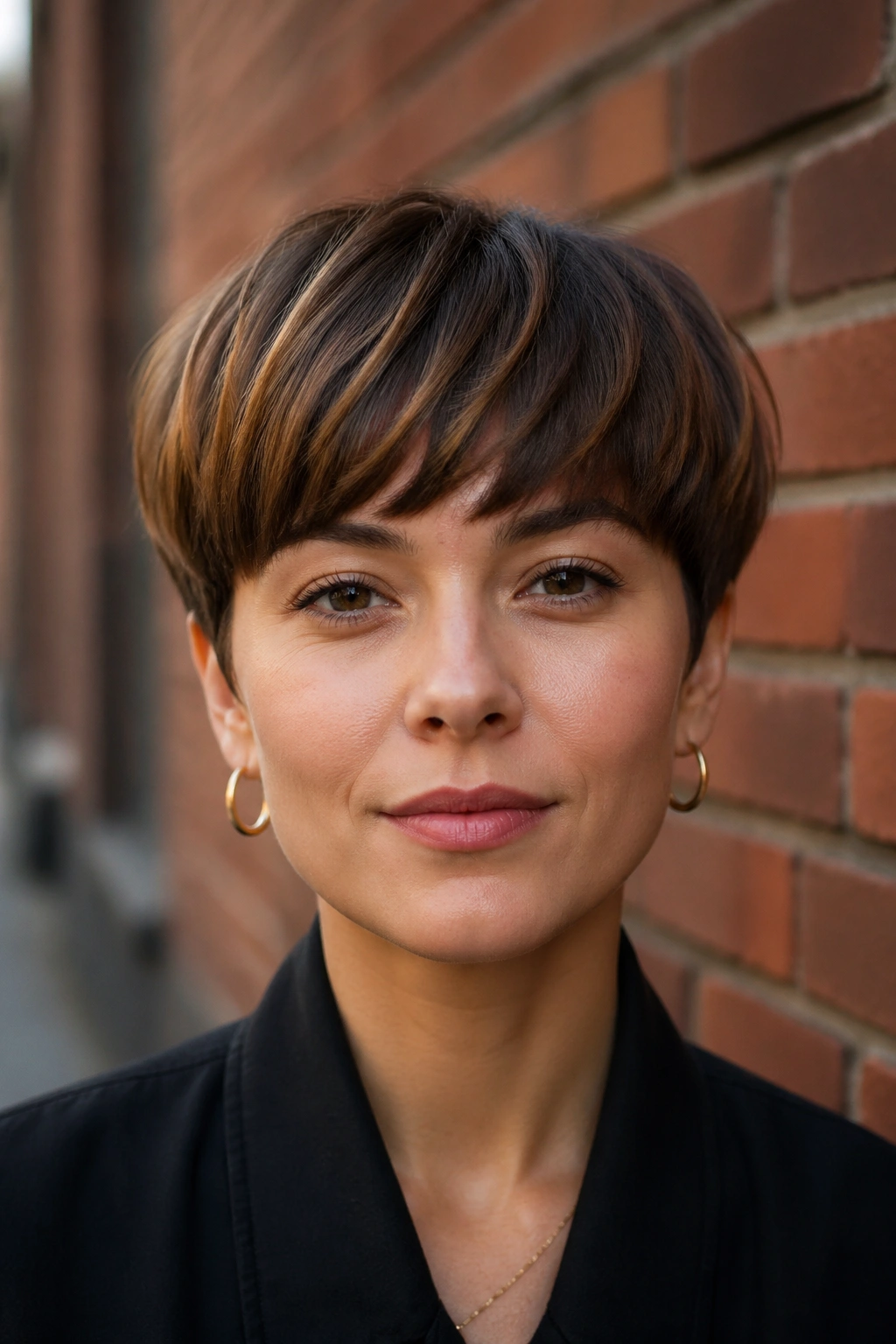 Close-up portrait of a real woman with a bowl-inspired pixie and soft arch bangs.