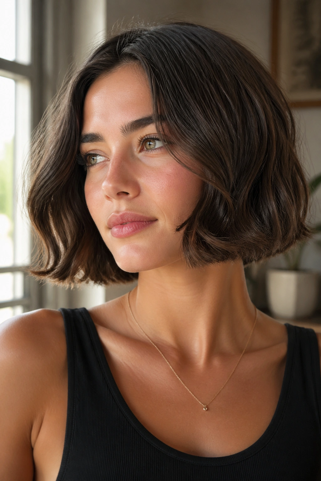 Close-up portrait of a real woman with a jaw-length box bob and fine waves
