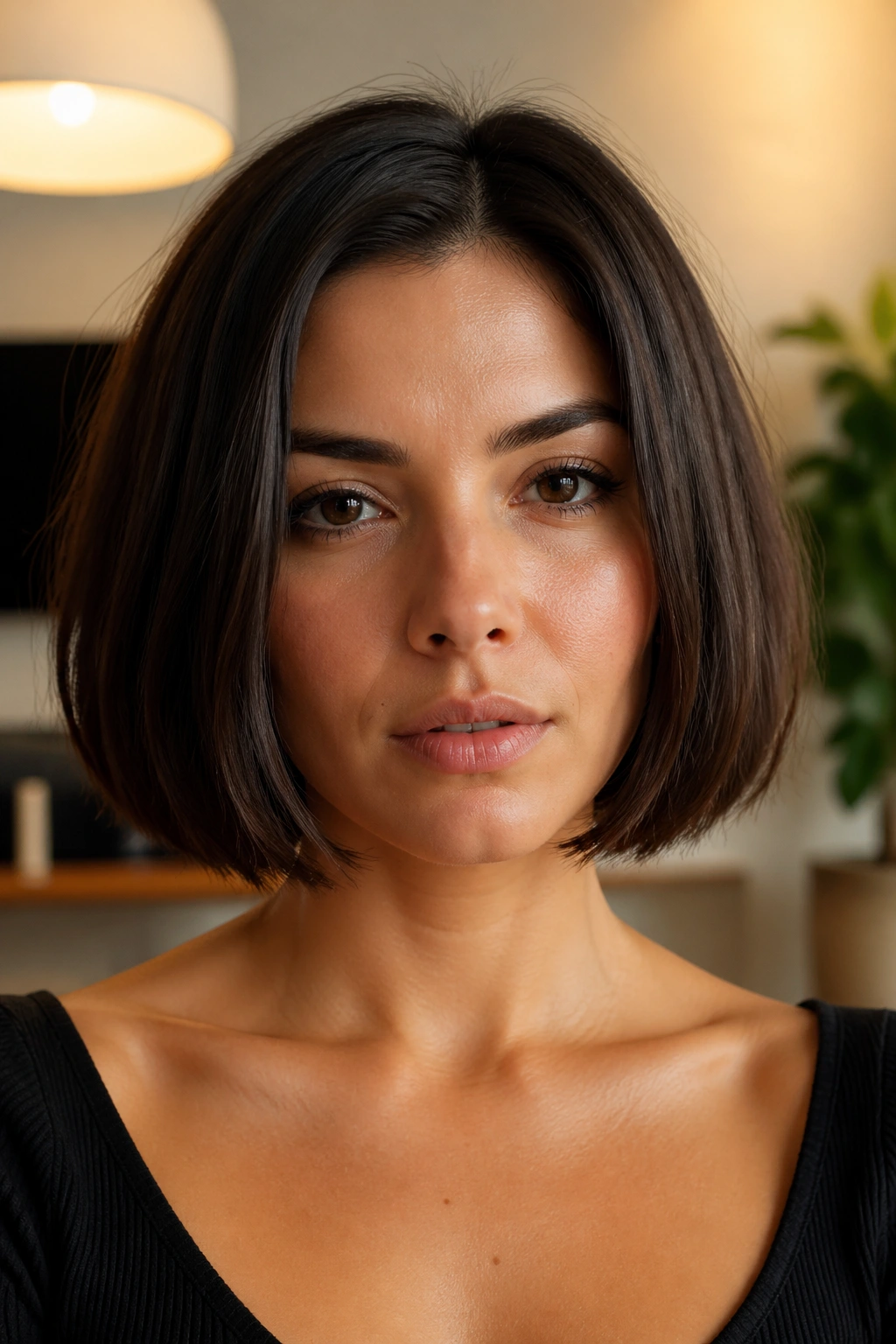 Close-up portrait of a real person with a box bob hairstyle