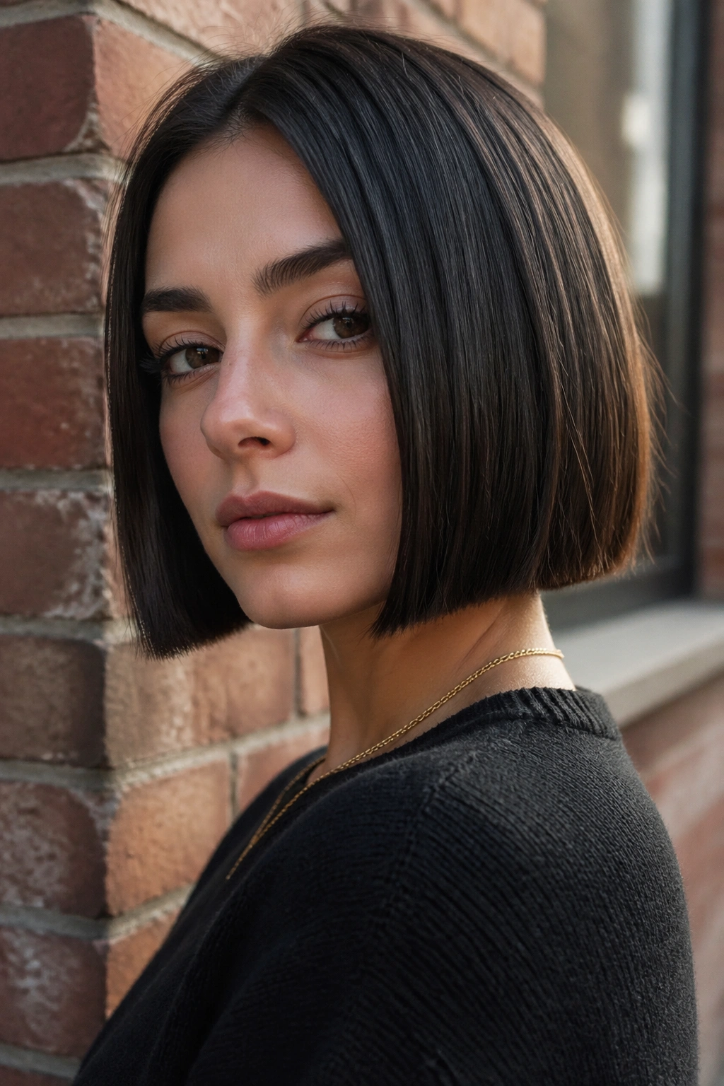 Portrait of a woman with a blunt box bob in an urban street setting.