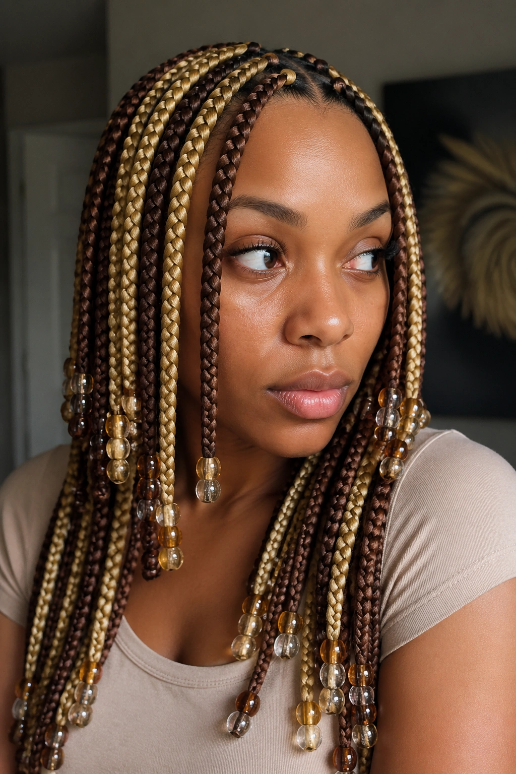 Close-up of a real woman with blonde and brown box braids in alternating rows with beads.