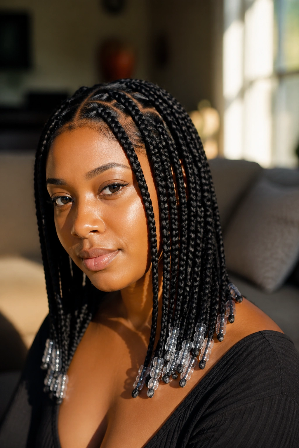 Close-up portrait of a real woman with medium feed-in box braids and clear bead ends.