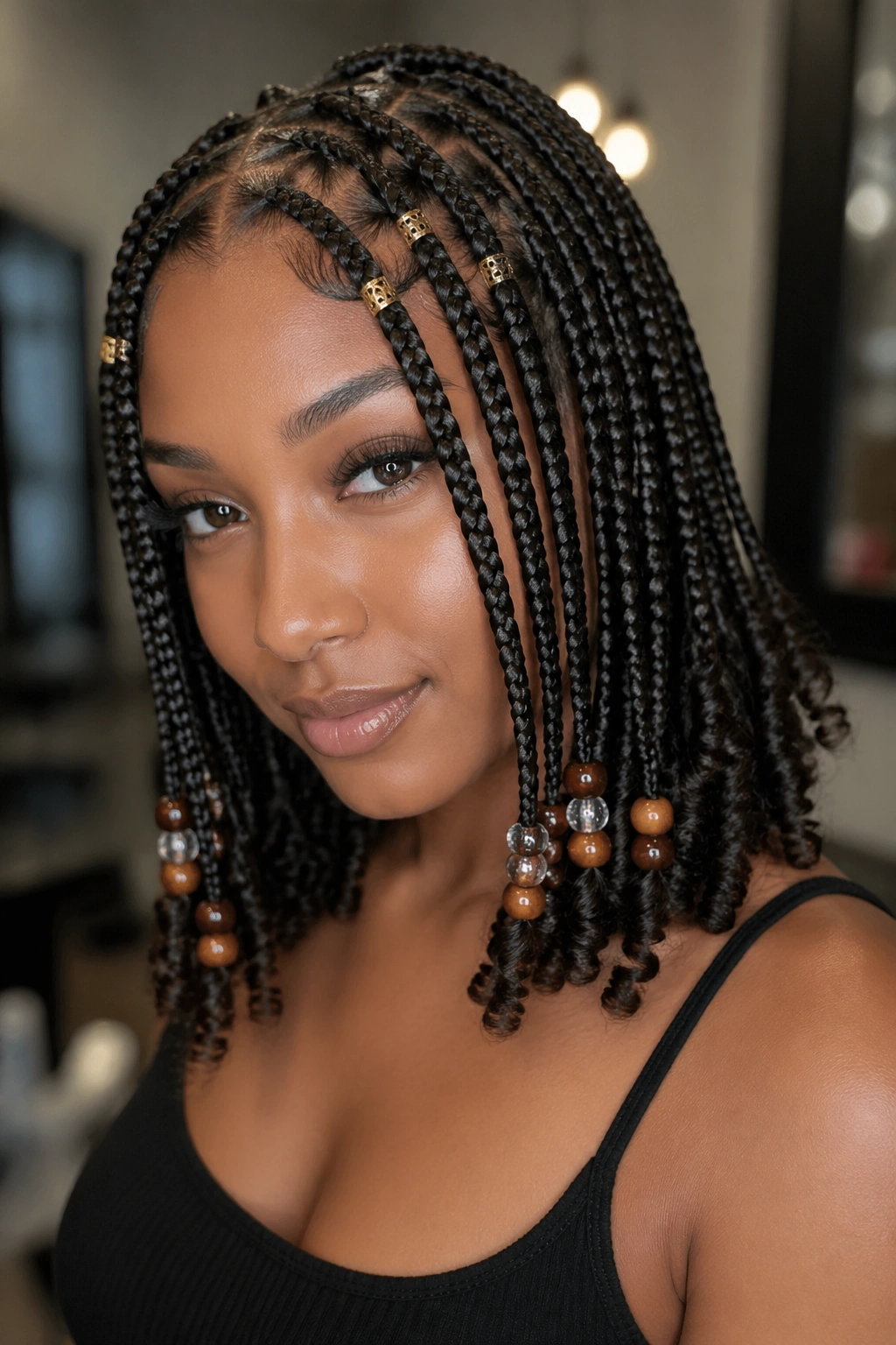 Close-up of a real person with box braids beads and gold cuffs near the ends