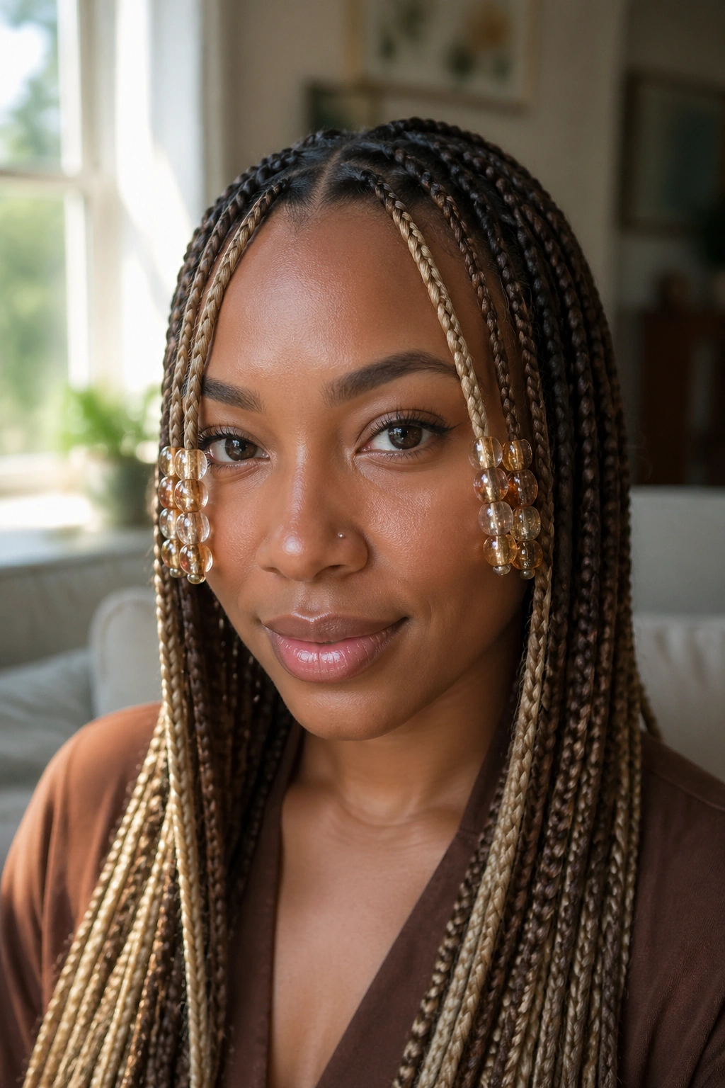 Close-up of a real woman with medium brown and blonde box braids featuring bead clusters around the face.