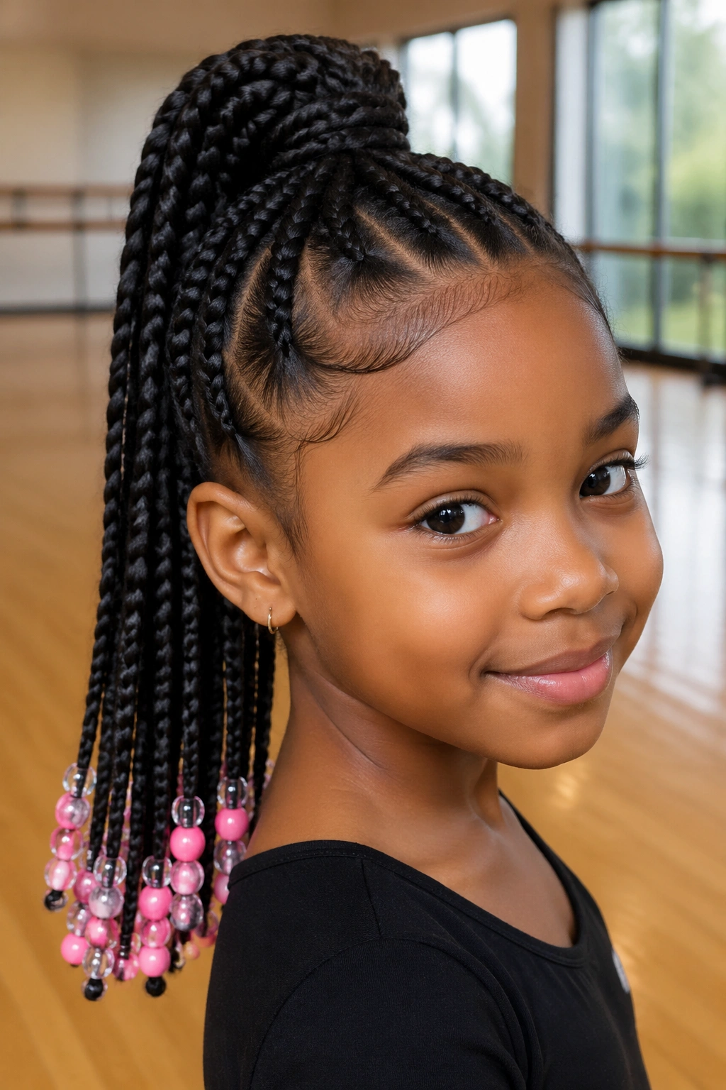 Close-up portrait of a real girl with a high ponytail jumbo box braids and bead clusters in a dance studio