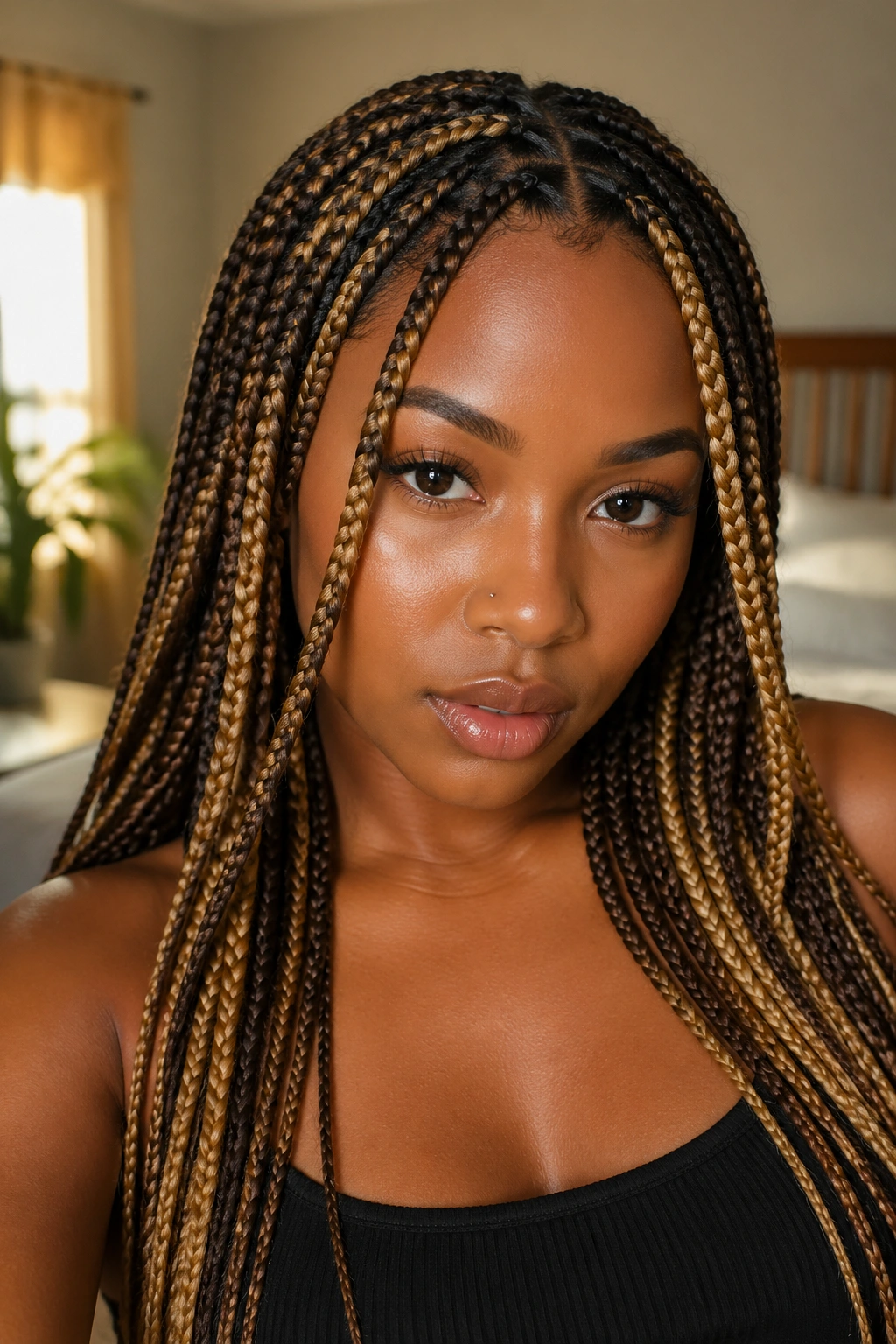 Close-up portrait of a real woman with honey-blonde highlighted box braids.