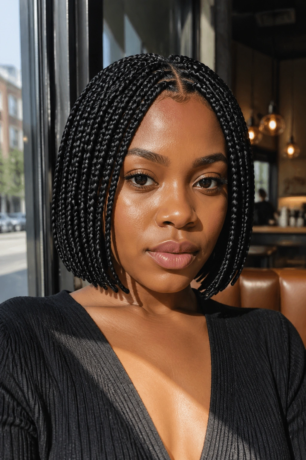 Close-up of a real woman with a jaw-length blunt bob made of box braids