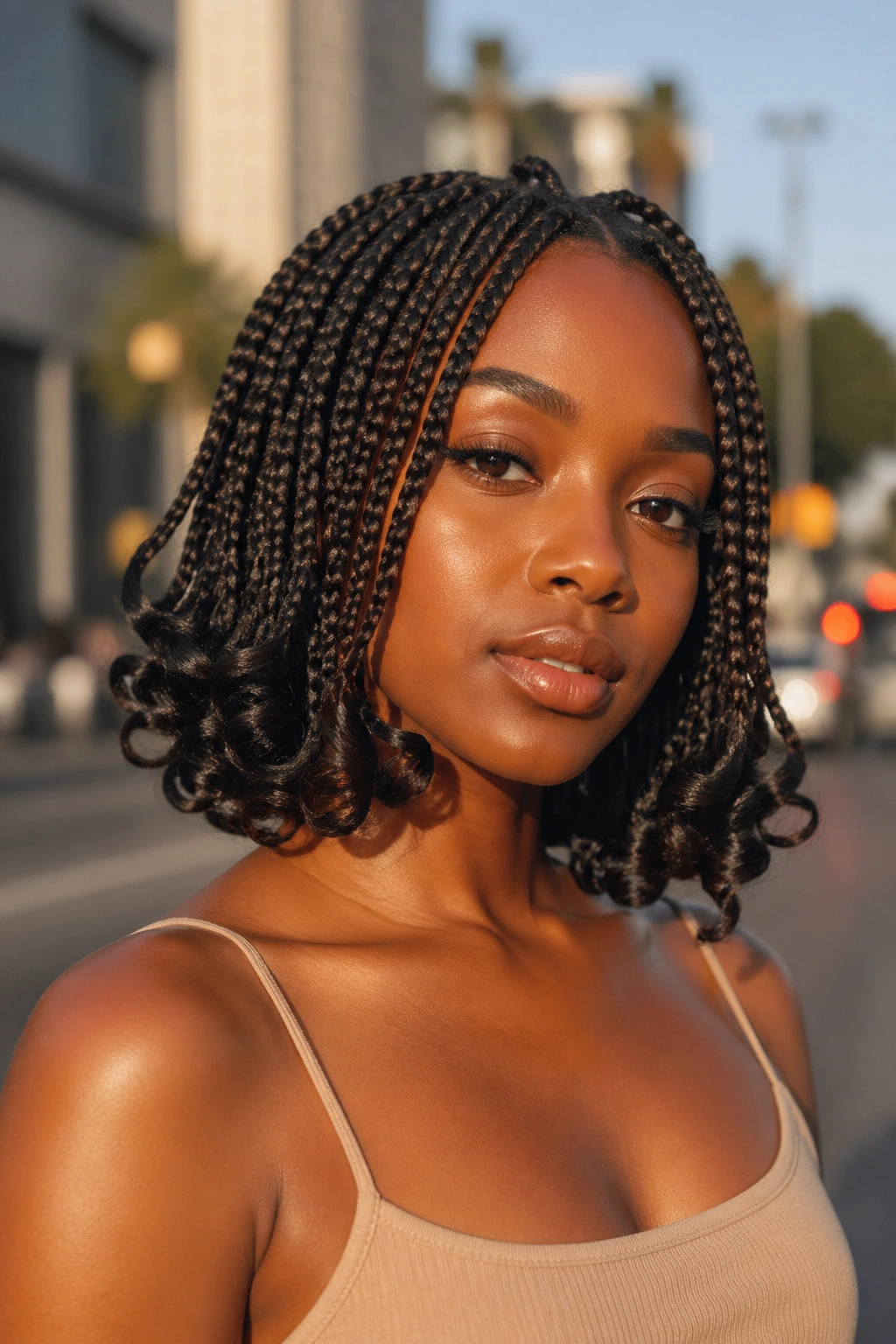 Close-up of a Black woman with a bob-length box braid and flipped curly ends.