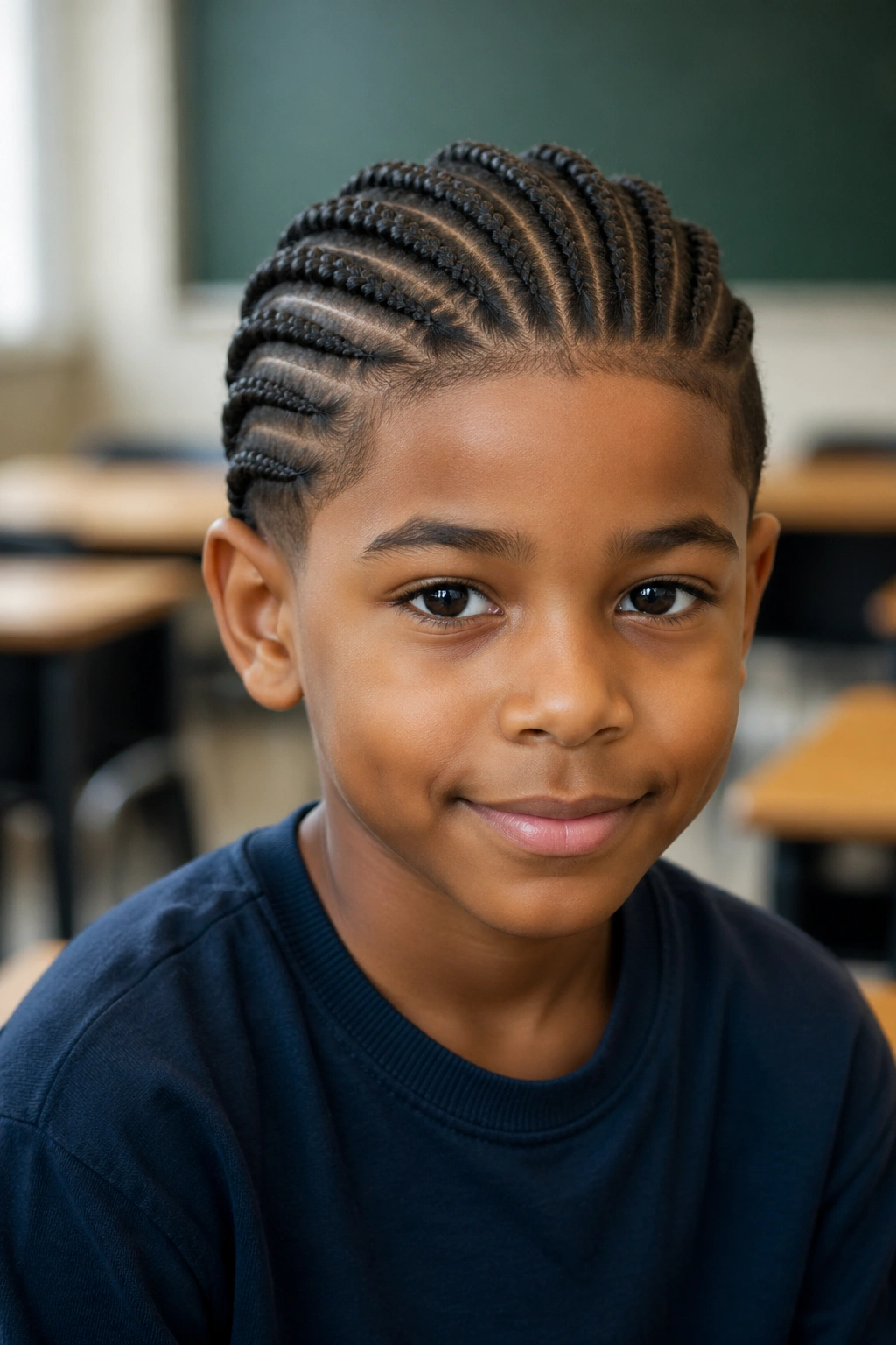 Close-up of a real boy with straight-back small box braids in a classroom