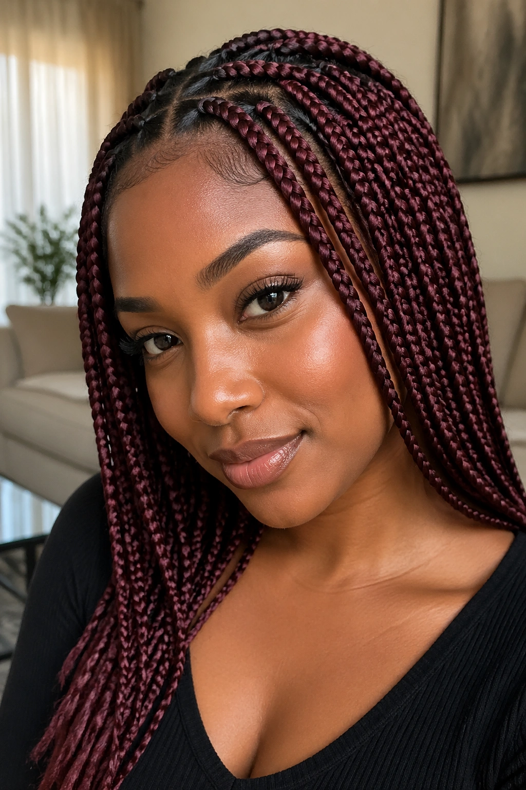 Close-up portrait of a real woman with burgundy medium feed-in box braids.