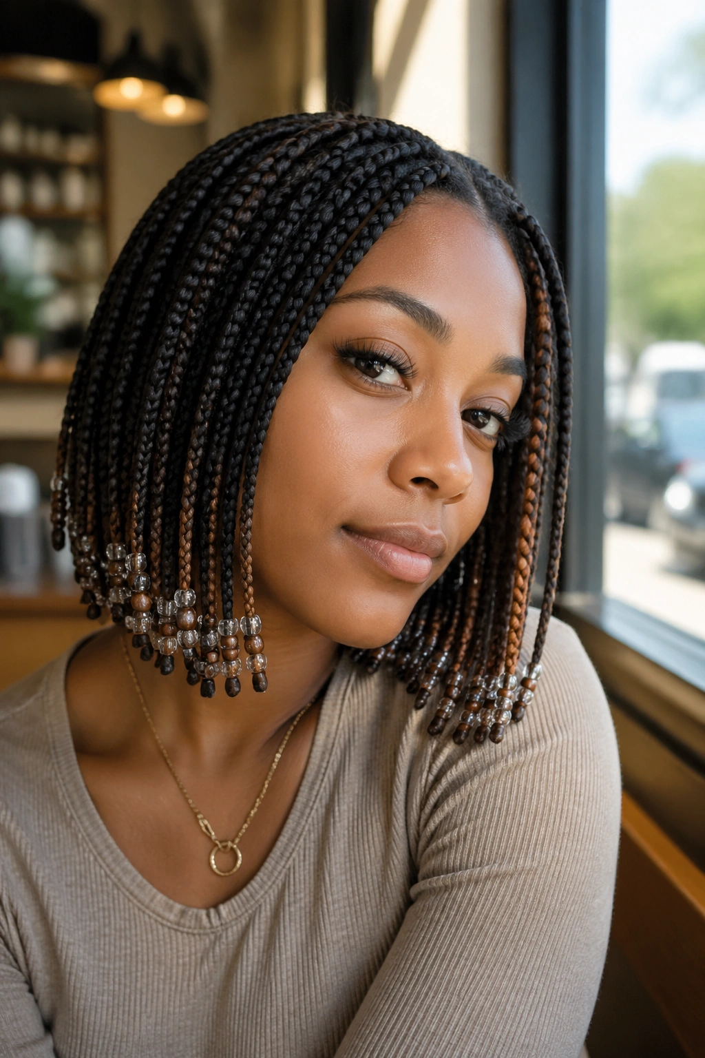 Close-up of short box braids with caramel peekaboo and beaded ends on a real woman