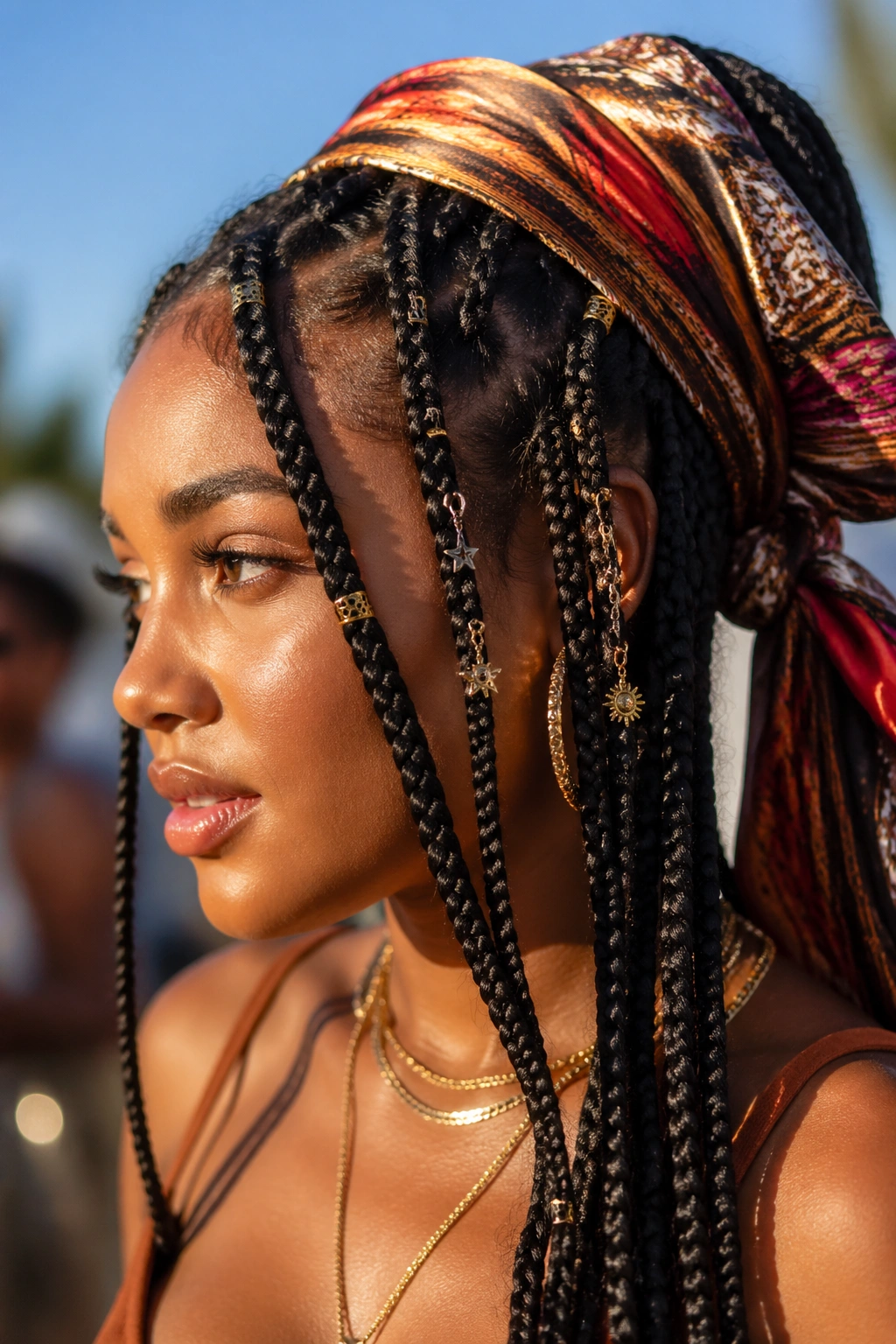 Close-up of box braids with charms and scarf wrap on a real person
