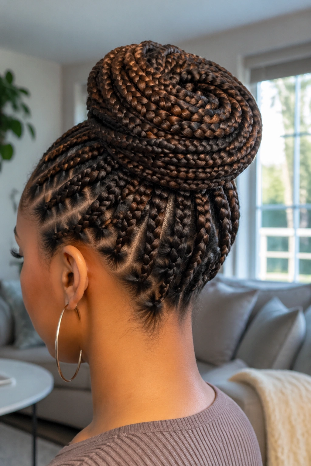 Side view of a real person with a box braid cinnamon bun