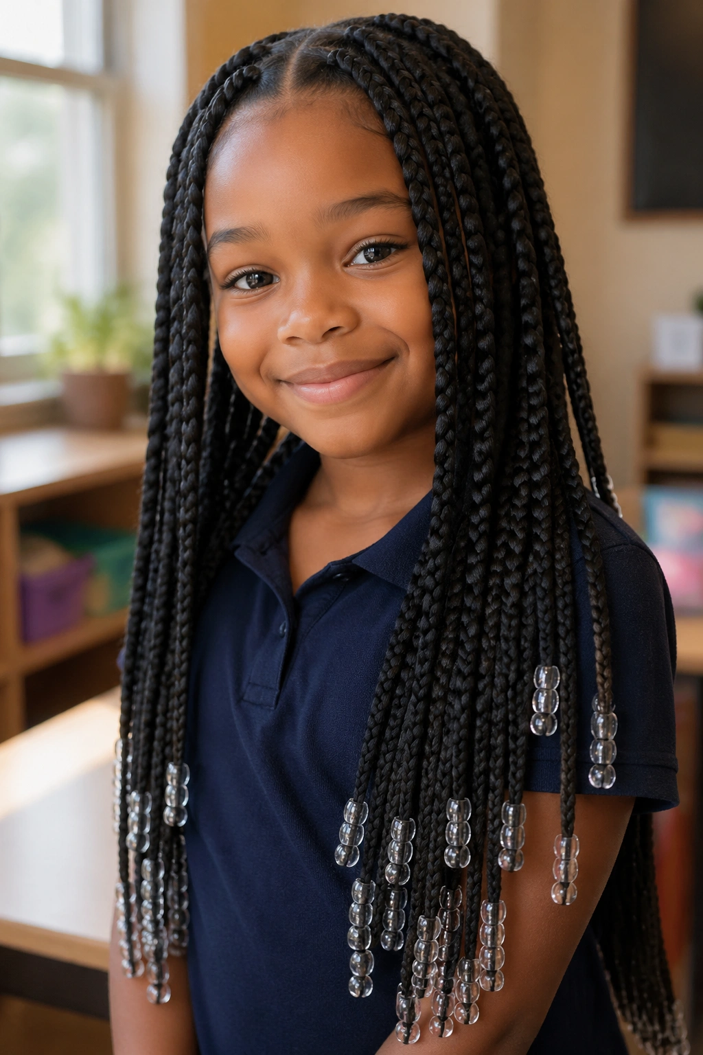 Close-up of a real child with waist-length jumbo box braids and clear beads in a classroom setting
