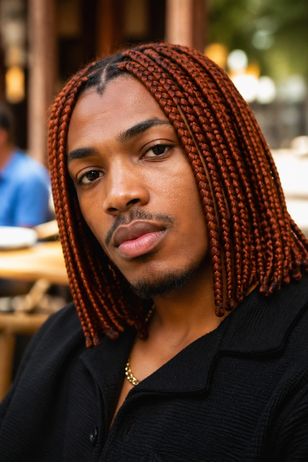 Close-up of a real man with copper red shoulder-length box braids