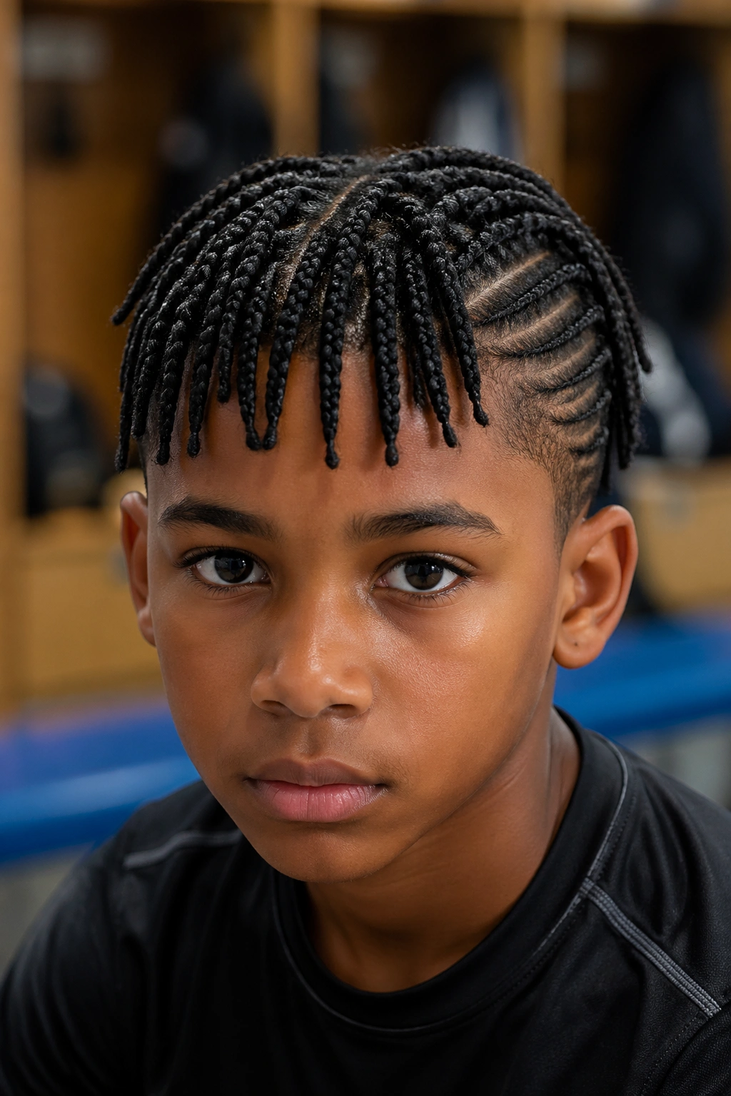 Real boy with cornrow-sides small box braids in a gym locker area