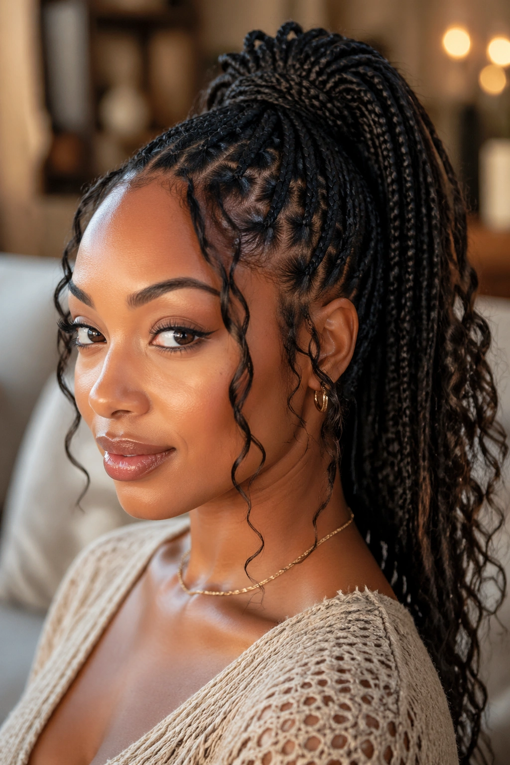 Close-up of a real woman with a high crown box braid ponytail and loose curl pieces in natural window light