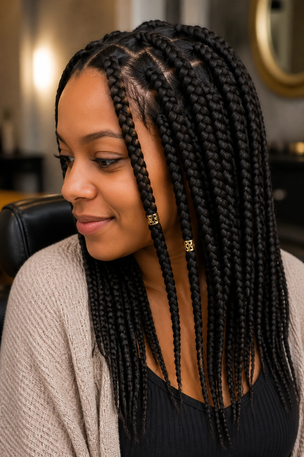 Close-up portrait of a real woman with gold cuffed medium feed-in box braids near the face.
