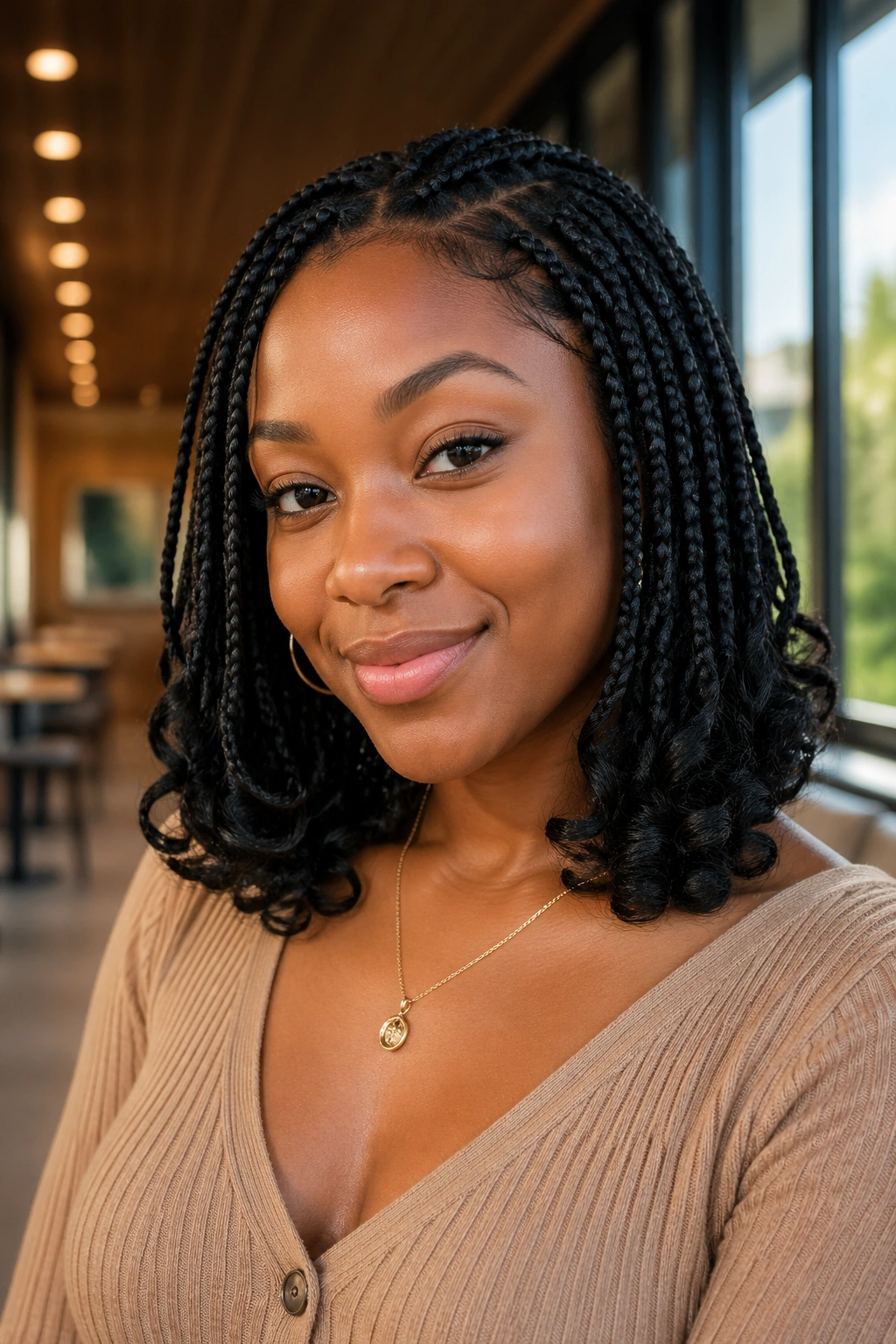 Real woman with bob-length box braids ending in curls
