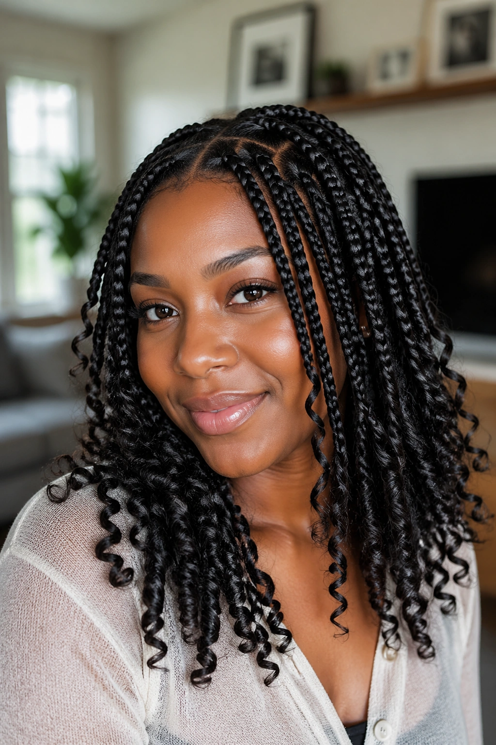 Close-up of a Black woman with box braids that end in curls, bright indoor light.