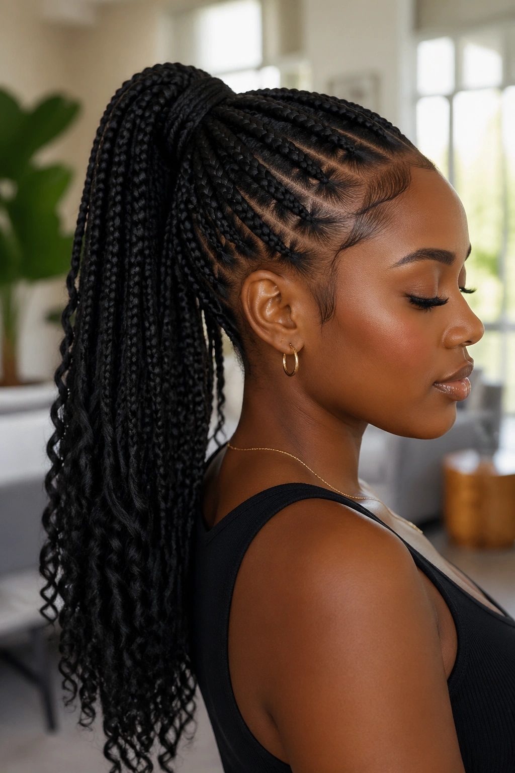 Close-up of a woman with box braids ending in faux locs in a ponytail