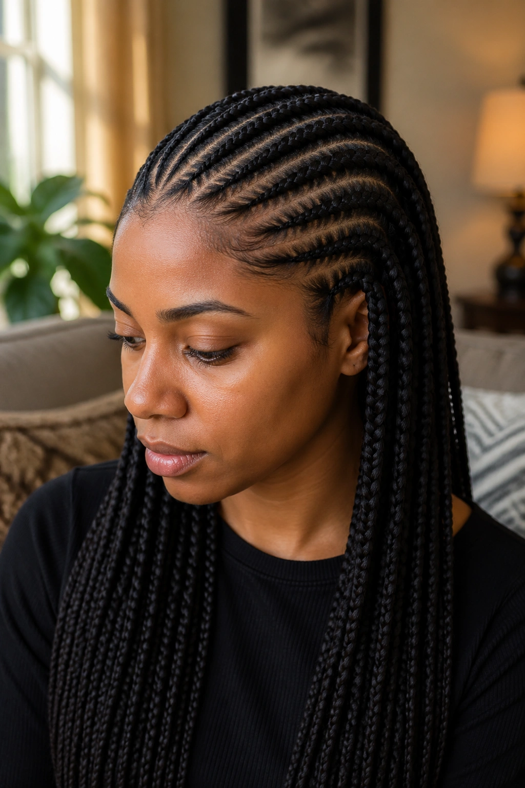 Close-up of a real woman with straight-back medium feed-in box braids