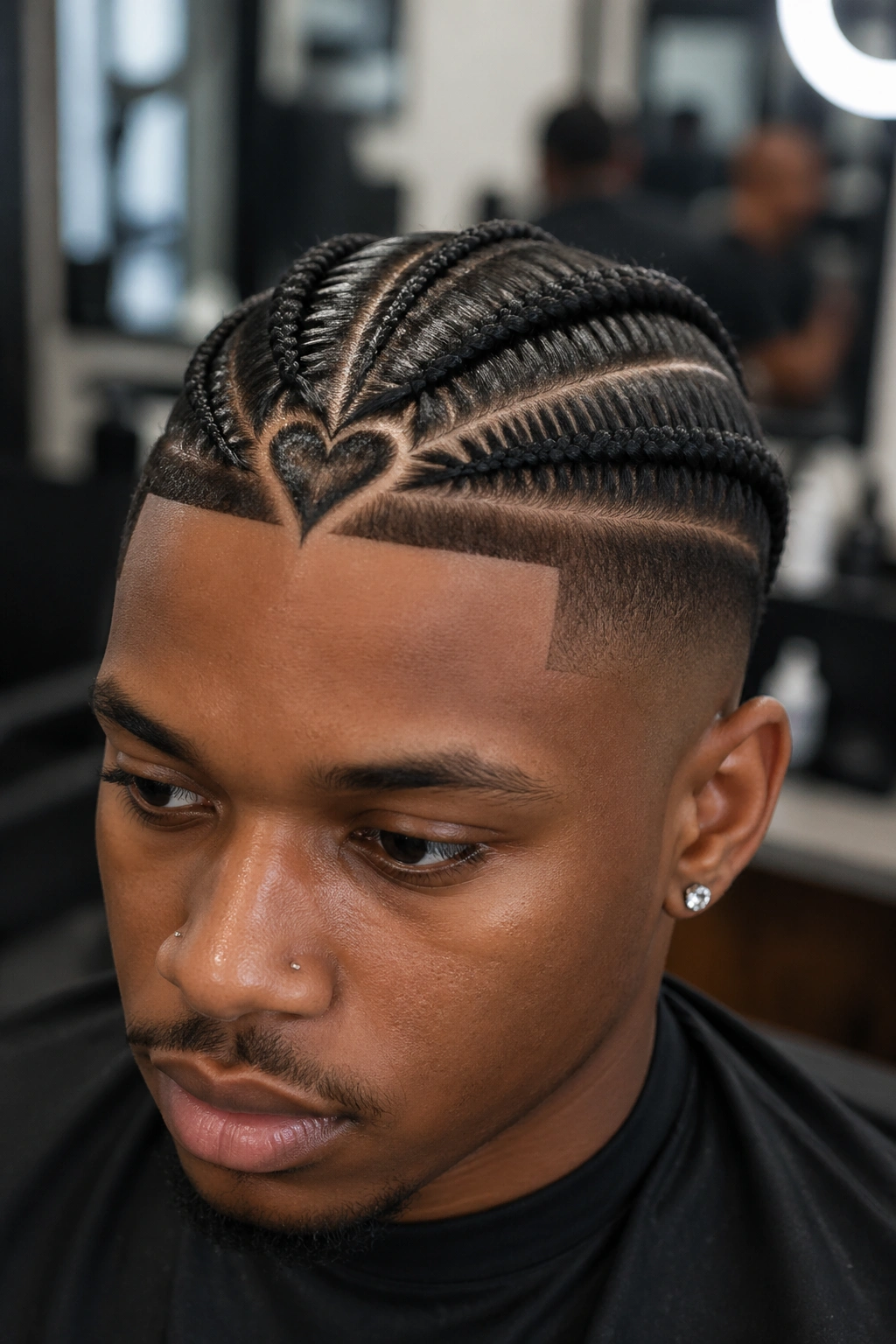 Close-up of a man with a front hairline heart design in box braids.