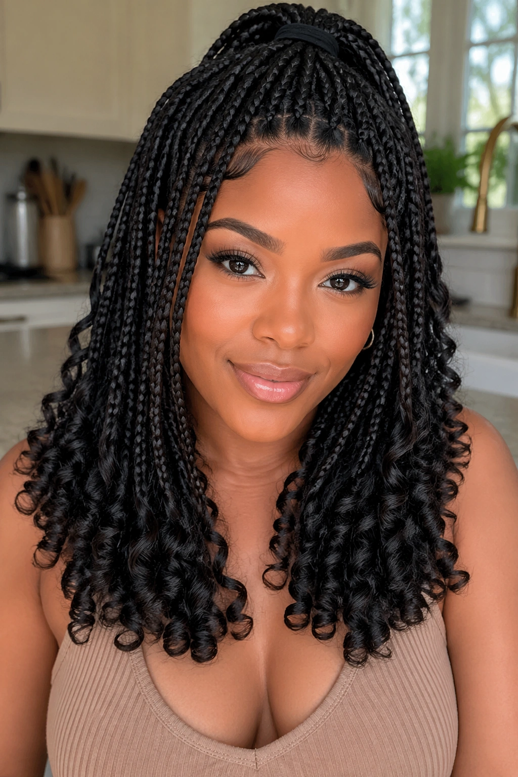 Close-up of a Black woman with half-up half-down braids and curved ends.