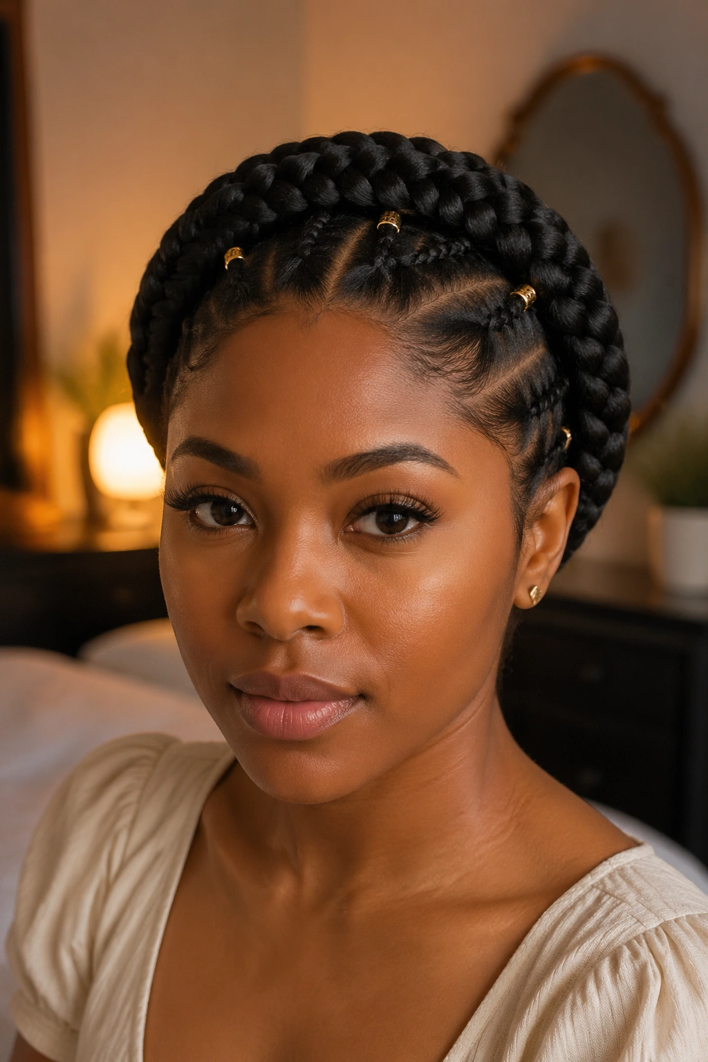 Portrait of a woman with box braids forming a circle around her head