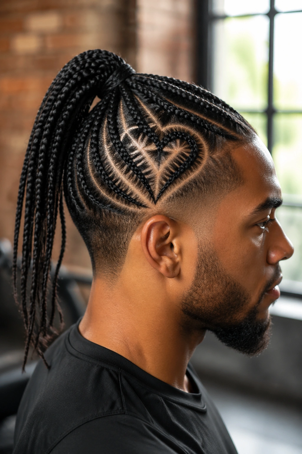 Man with heart design at crown leading into a high ponytail in box braids.