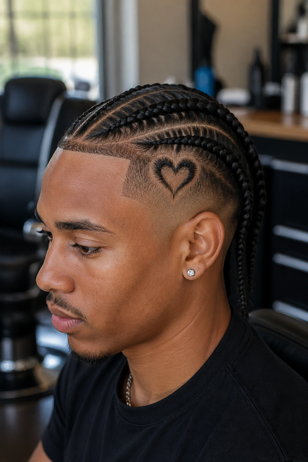 Close-up portrait of a man with a small heart braided at the temple in box braids, barber shop setting.