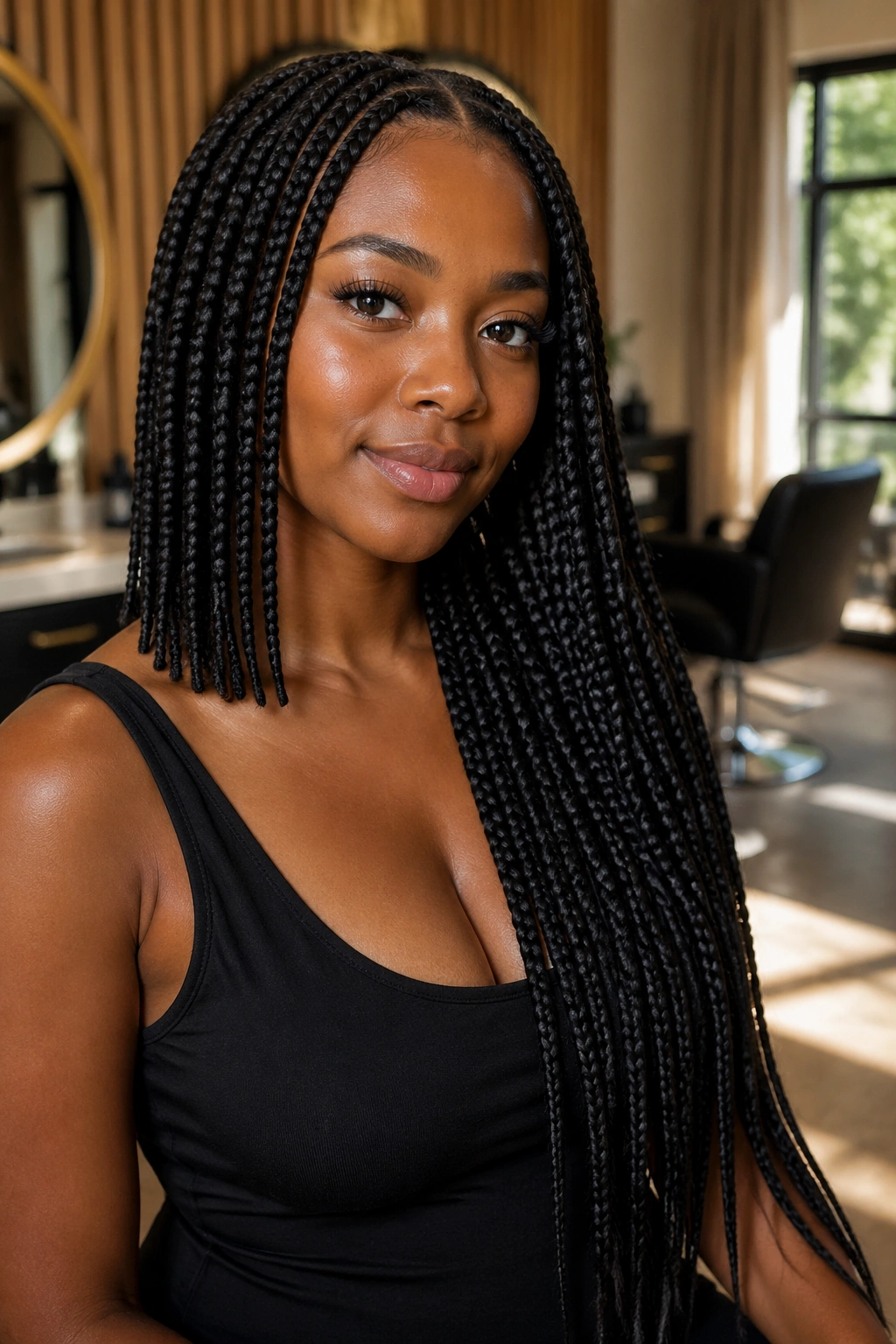 Close-up portrait of a real woman with box braids showing length variation from short to long