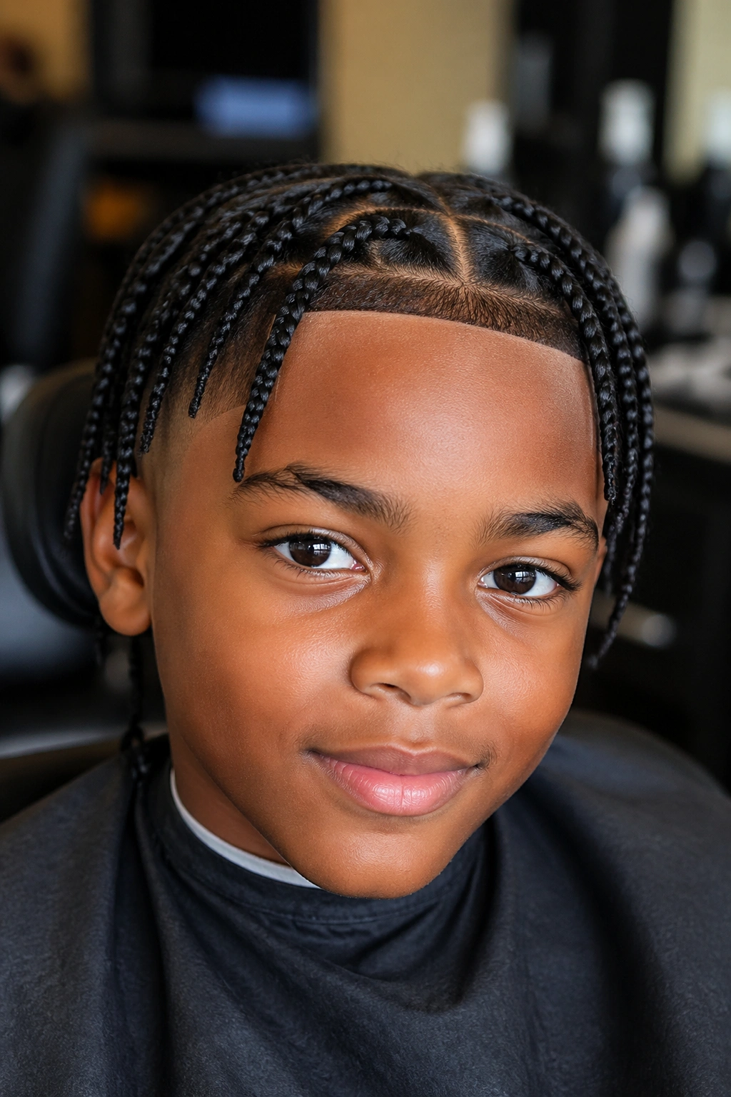 Close-up portrait of a real boy with a sharp line-up and medium box braids