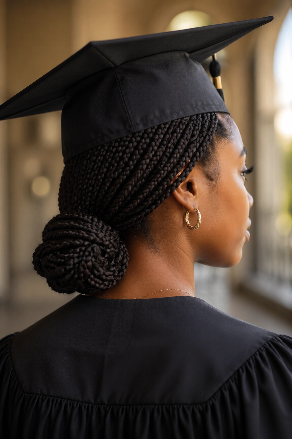 Close-up of box braids gathered into a low knot at the nape under a graduation cap