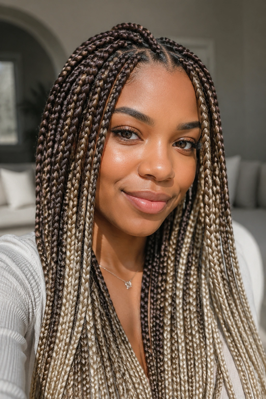 Close-up of a real woman with mink brown to ash blonde box braids framing her face