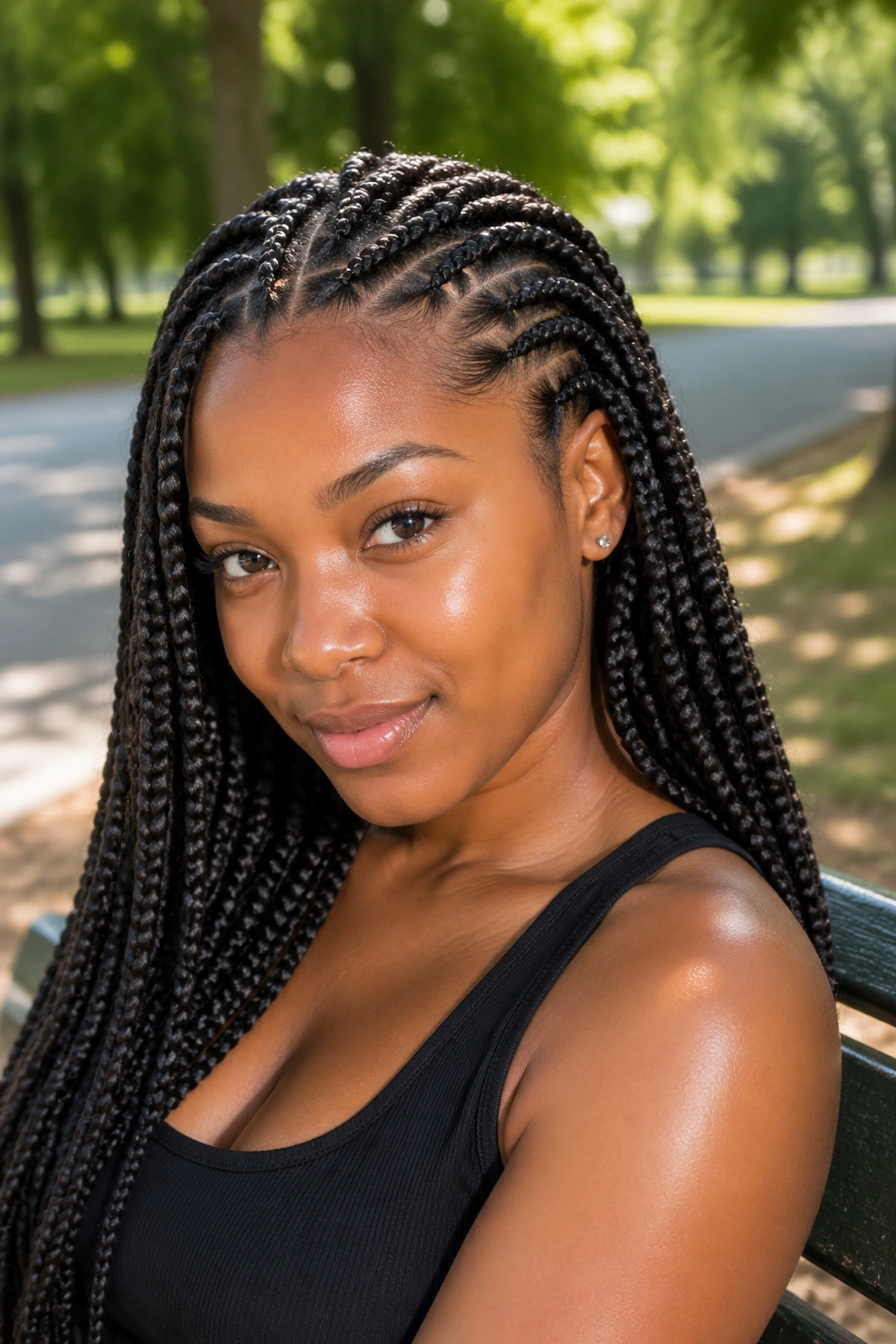 Close-up portrait of a real woman with mixed-size box braids.