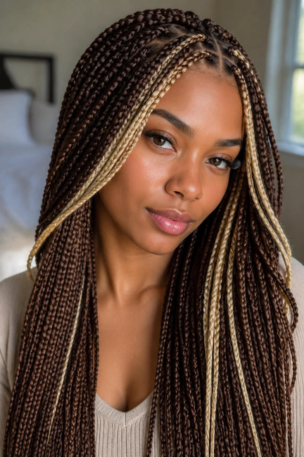 Close-up portrait of a real person showing layered box braids with face-framing blonde money pieces in a softly lit bedroom