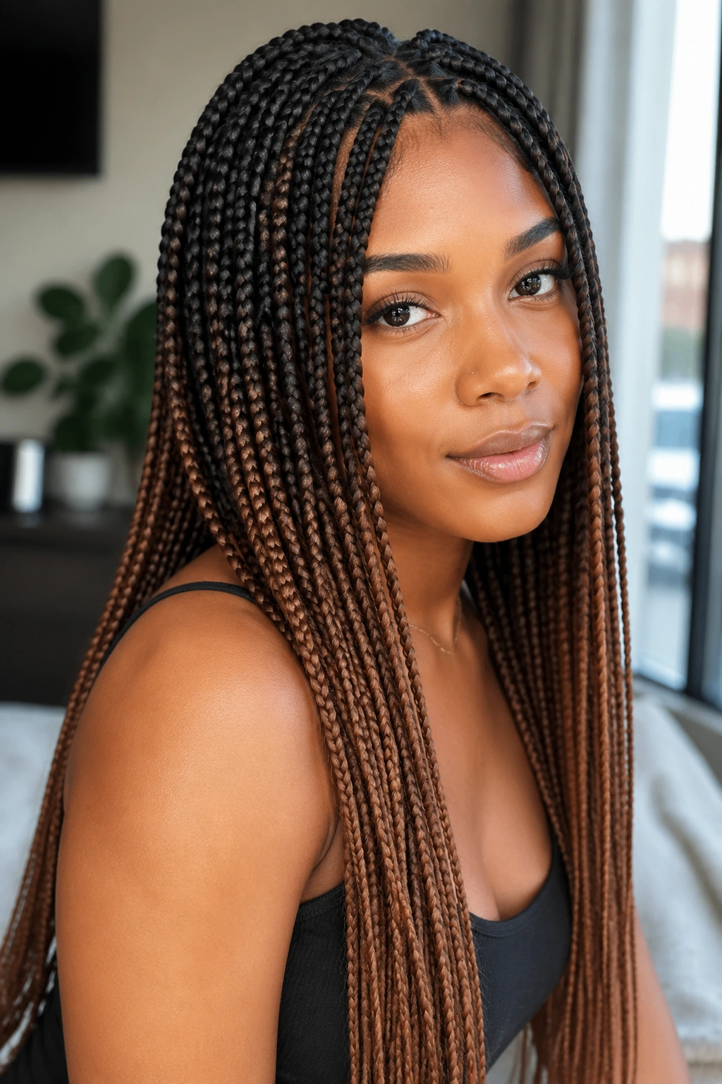 Close-up portrait of a real woman with black-to-brown ombre box braids.