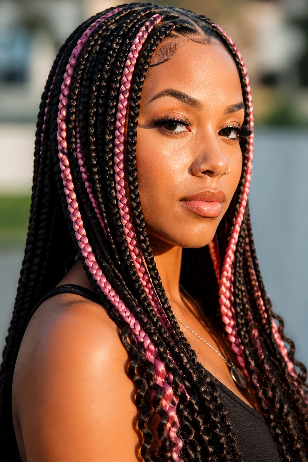 Close-up portrait of a real woman with deep cocoa box braids and pink panels