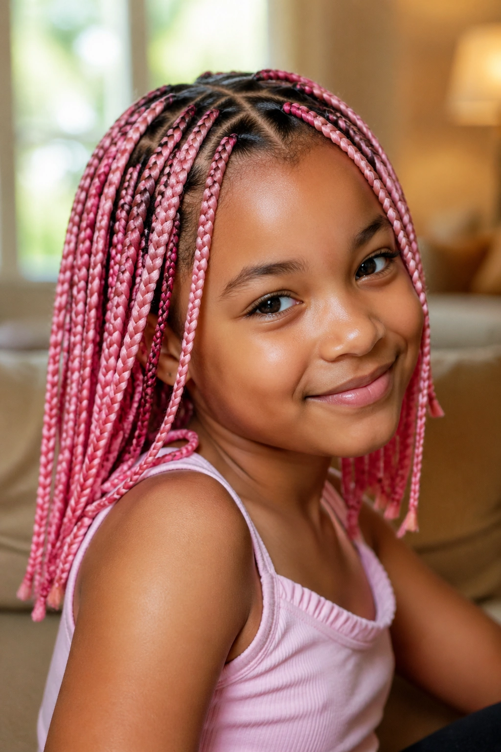 Close-up of a child with neat scalp parts in pink box braids