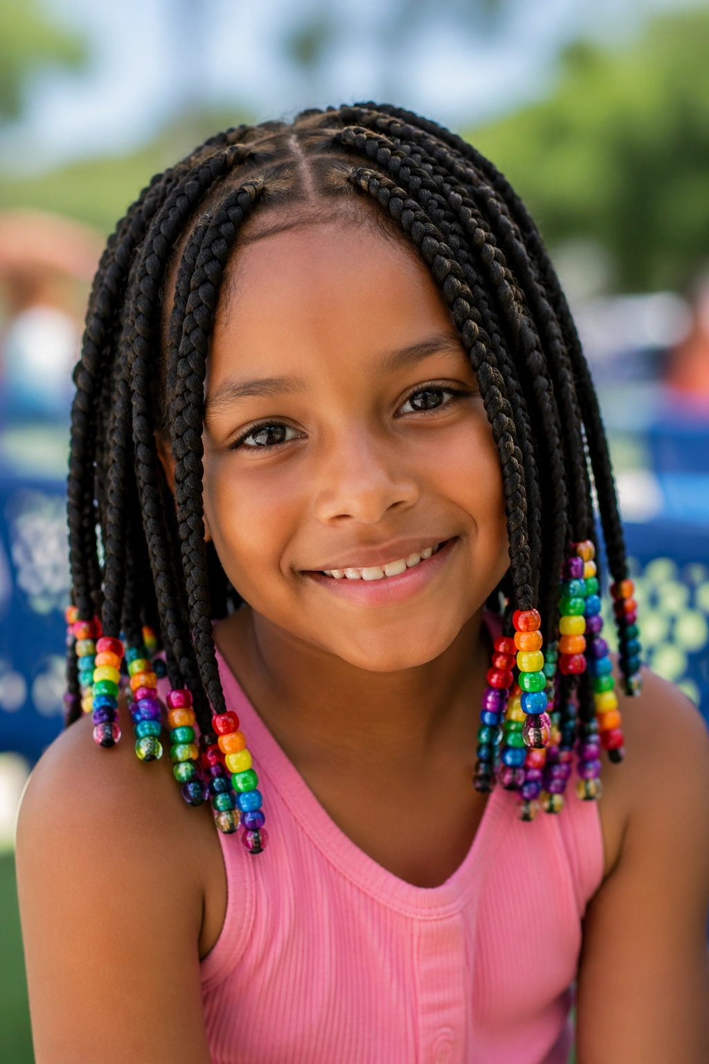 Close-up of a real child with shoulder-length jumbo box braids and rainbow beads