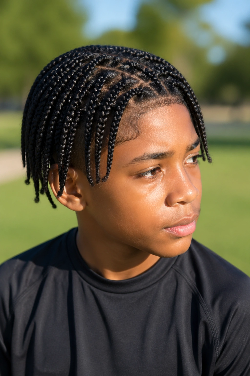 Boy with side-parted small box braids and softer edges in a park