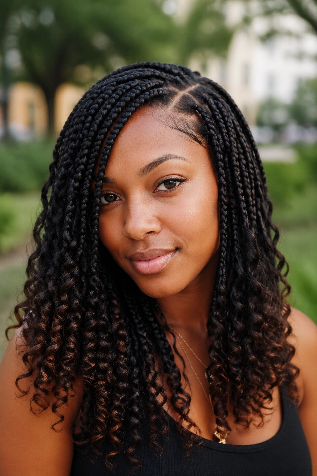 Close-up of a Black woman with side-parted medium box braids and curly ends.