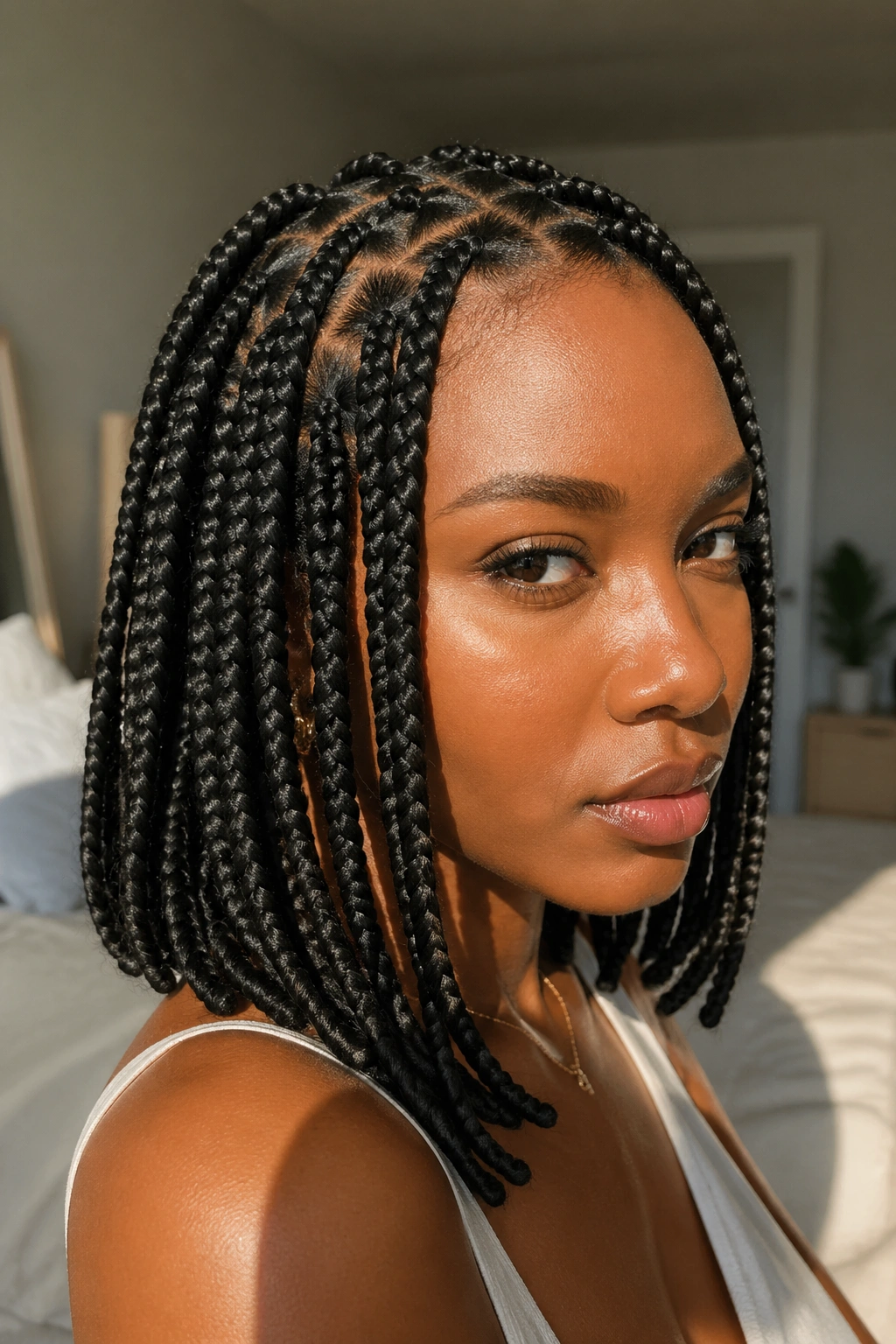 Close-up of a real woman with classic box braids featuring square parts in natural window light