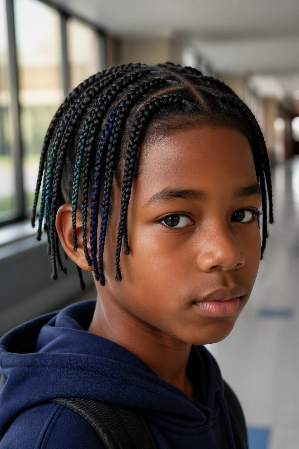 Real boy with subtle colored extensions in small box braids in school setting