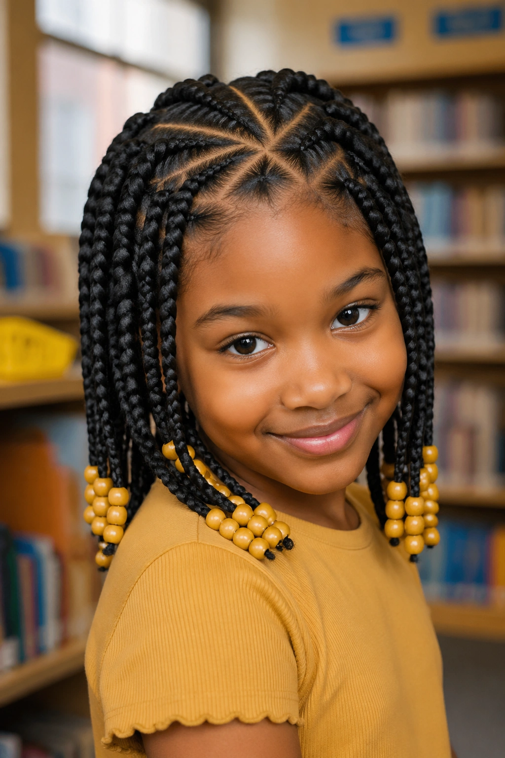 Close-up of a real child with triangle-part jumbo box braids and matching beads
