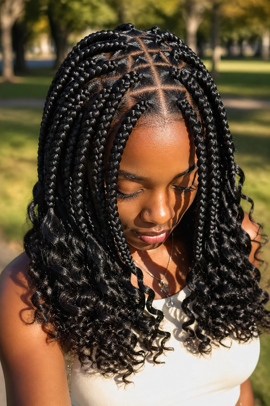 Close-up of a Black woman with triangle-part medium box braids and curly ends.