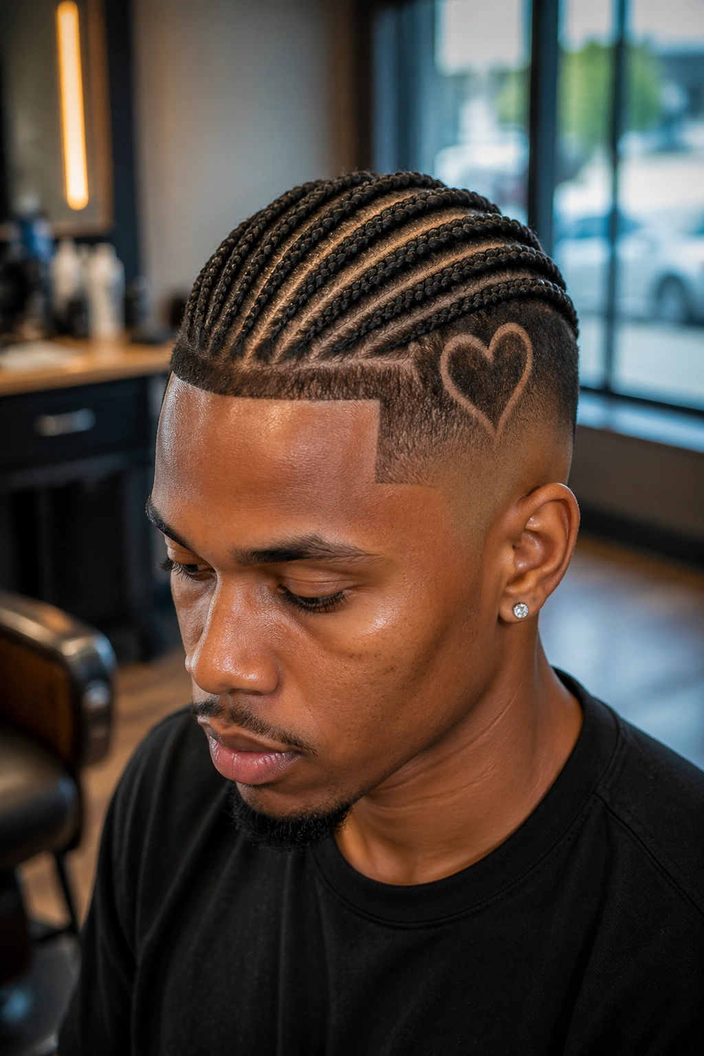 Portrait of a man with twin heart designs at the temples in box braids.